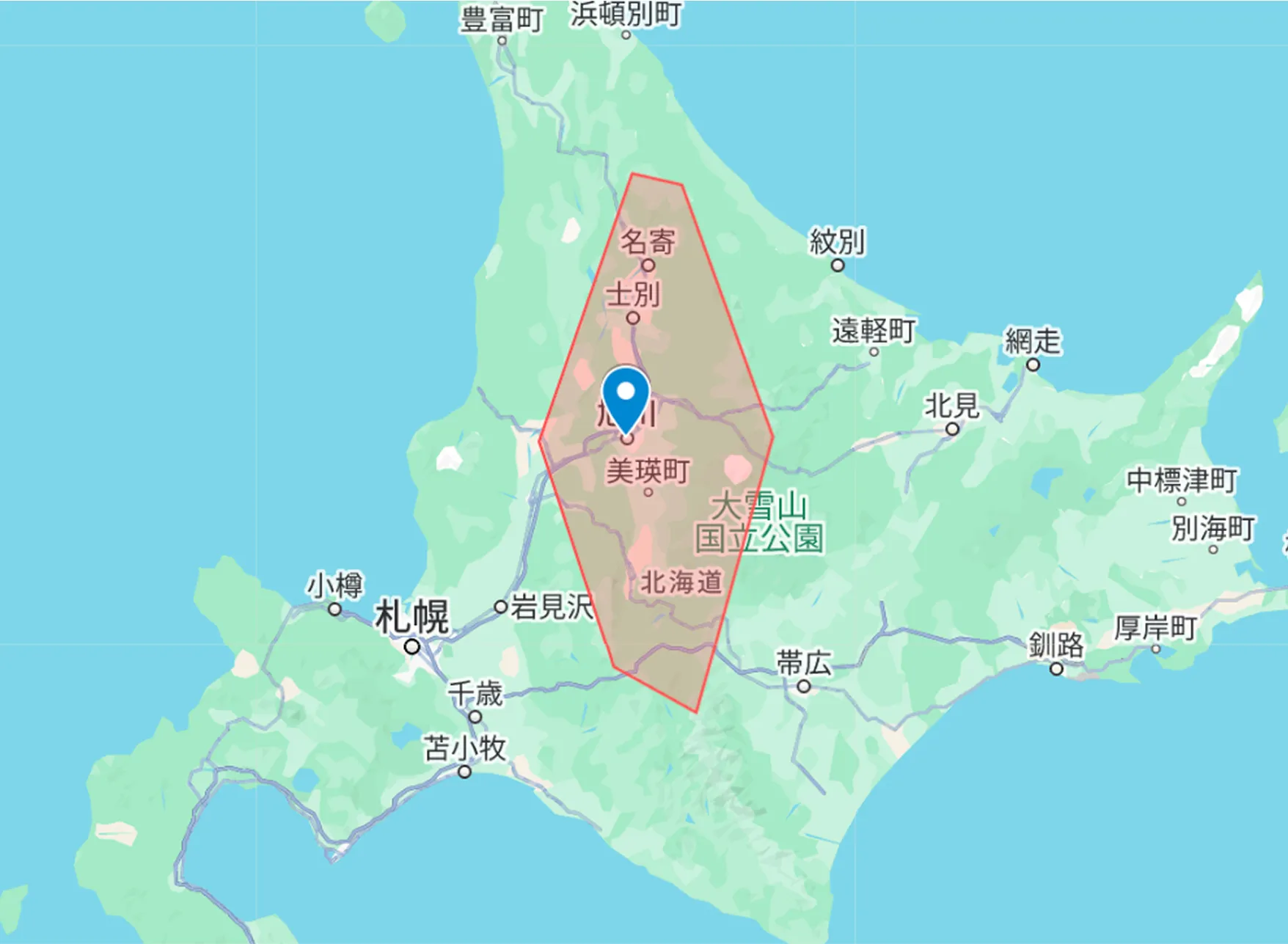 対応エリアの地図（旭川市全域・市外は100km圏内まで対応）