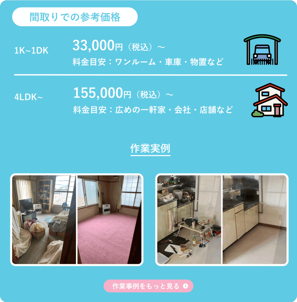 旭川市で不用品回収するならフォレスト｜間取り別参考価格：1K〜1DK 33,000円（税込）〜（ワンルーム・車庫・物置）、4LDK 155,000円（税込）〜（一軒家・店舗）。作業実例：居室・キッチン