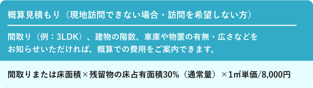 旭川市で不用品回収するならフォレスト｜概算見積もり（現地訪問できない場合）｜間取りまたは床面積×残留物の床占有面積30％（通常量）×1㎡単価8,000円